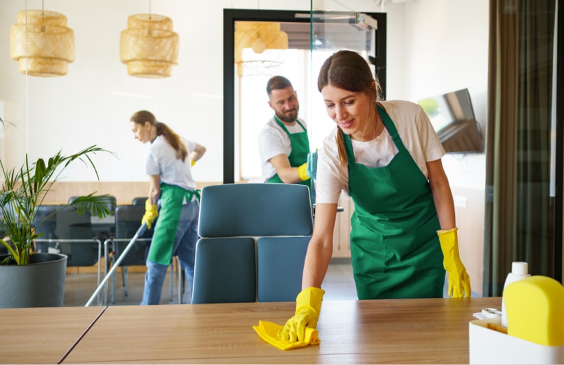 professional cleaning service people working together office